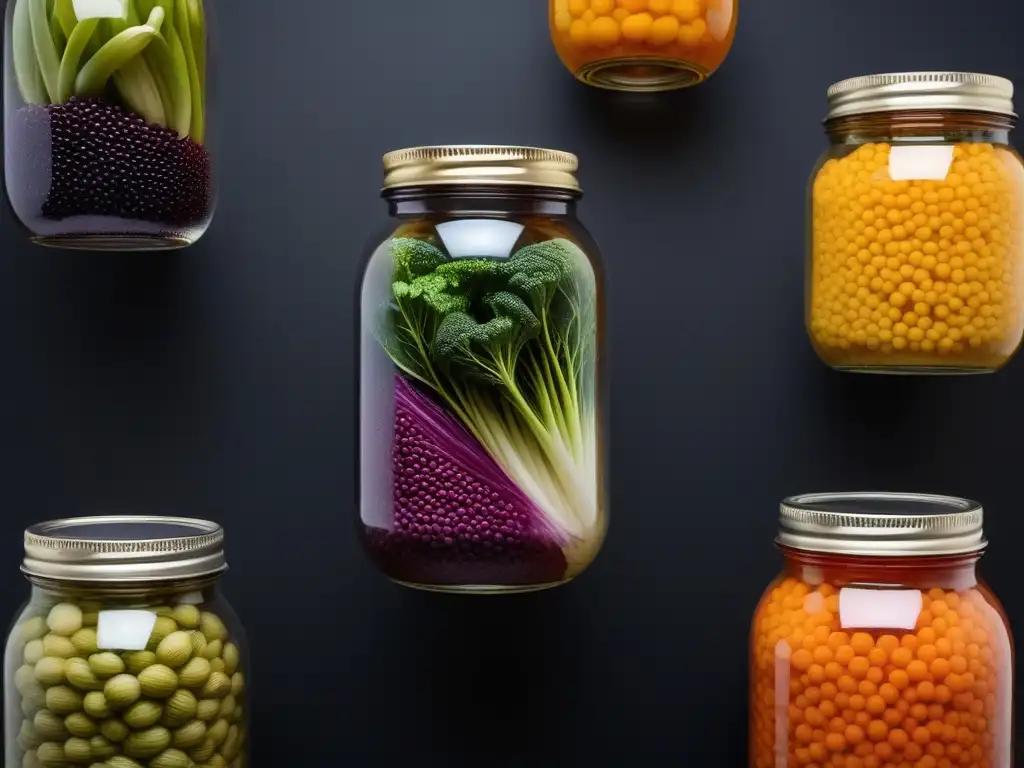 Un tarro de vidrio con capas de vegetales fermentados, burbujas y texturas, en un proyecto vegano de fermentación a largo plazo