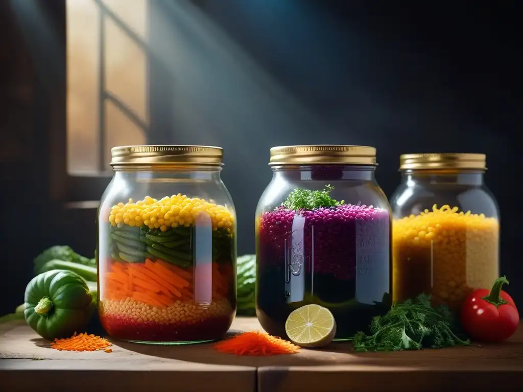 Un tarro de vidrio con capas de vegetales fermentados, reflejando burbujas y colores vivos del proceso de fermentación