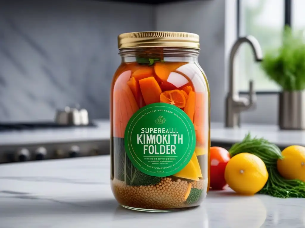 Tarro de vidrio con superalimentos fermentados para veganos en una cocina moderna y ecofriendly