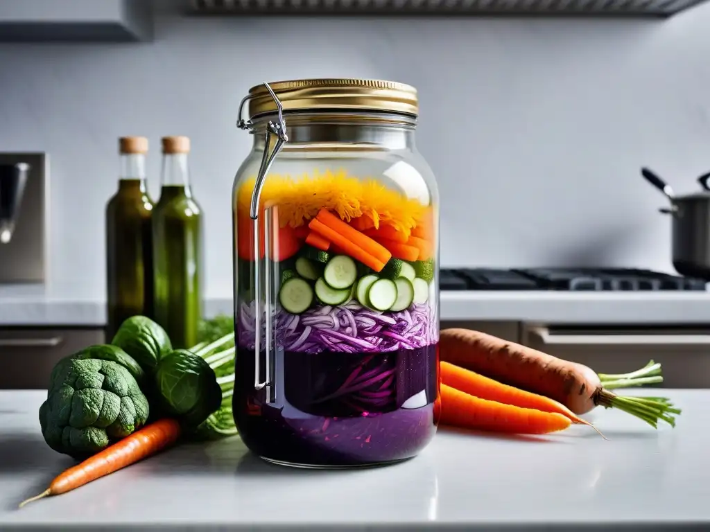 Tarro de vidrio con fermentación de vegetales coloridos en cocina vegana asiática