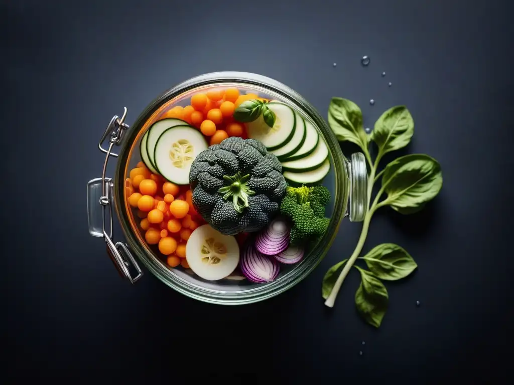 Tarro de vidrio con fermentación de verduras en cocina vegana asiática