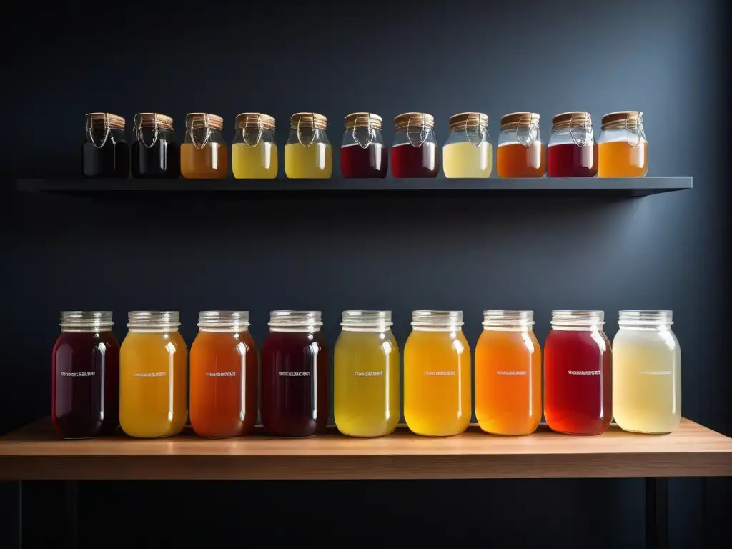 Varios tarros de vidrio coloridos con kombucha fermentando en diferentes etapas, en una estantería de madera