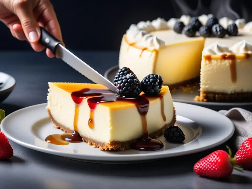 Tarta de queso vegana fácil: Detalle de una suculenta tarta de queso vegana siendo cortada, con bayas frescas y salsa de caramelo