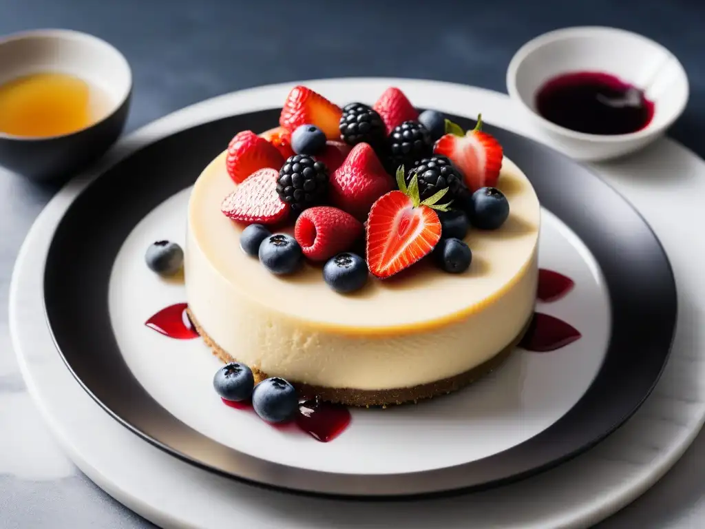 Tarta de queso vegana fácil con bayas frescas y sirope de agave en elegante cocina minimalista