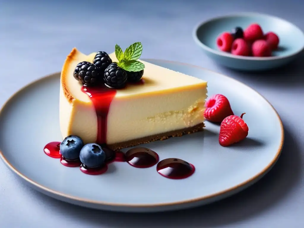 Tarta de queso vegana fácil: un cheesecake vegano exquisitamente detallado con textura cremosa, base dorada y decoración de frutas y menta