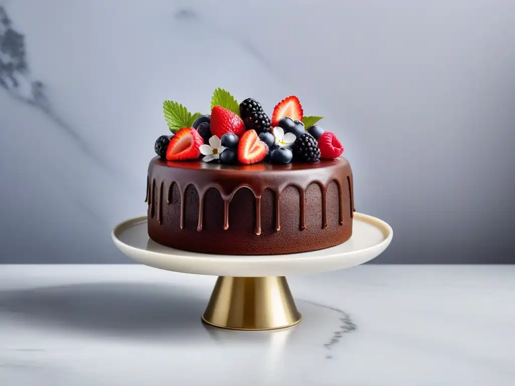 Tarta vegana de chocolate decorada con frutas y flores, sobre base de mármol