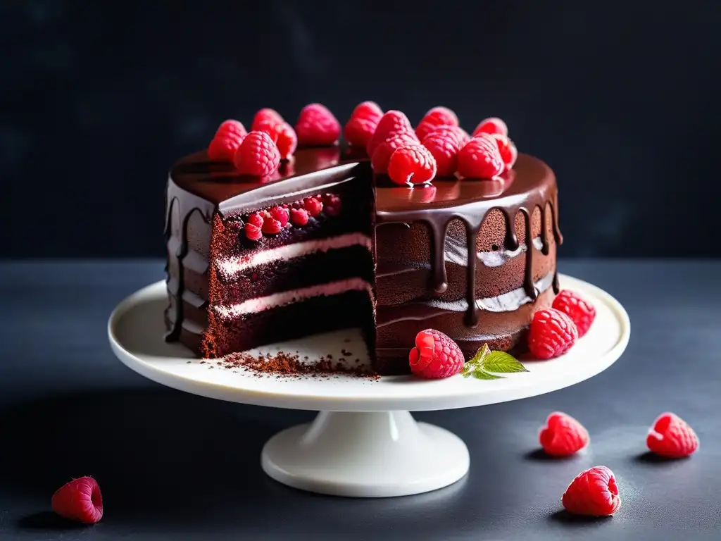 Tarta vegana de chocolate y frambuesa decorada con flores comestibles y polvo de cacao en una base de mármol blanco