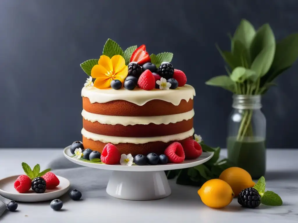 Tarta vegana exquisitamente decorada con flores comestibles, frutas frescas y hojas de menta, en un elegante soporte de mármol