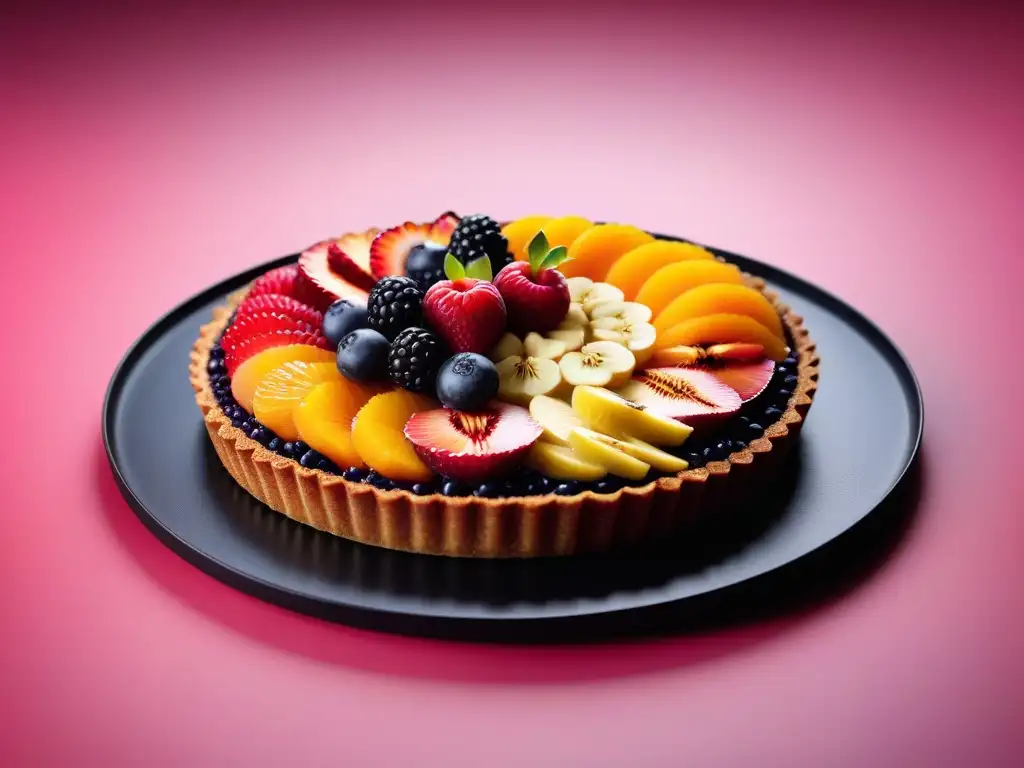 Una tarta vegana innovadora decorada con frutas, nueces y flores comestibles