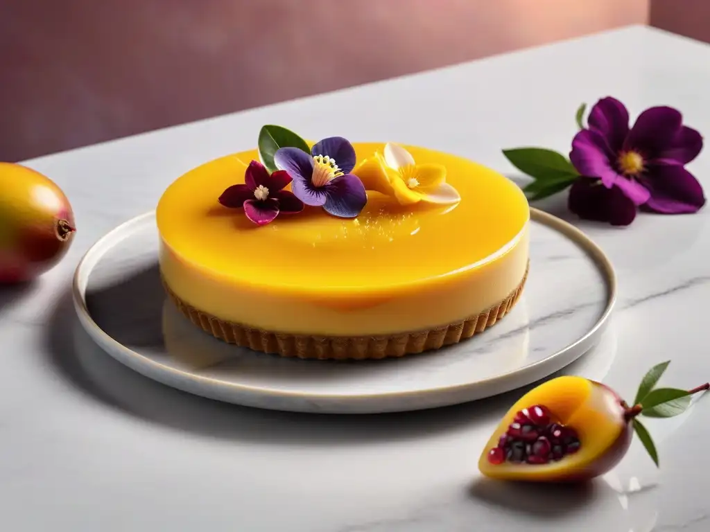 Tarta vegana de mango y fruta de la pasión con flores comestibles en mármol