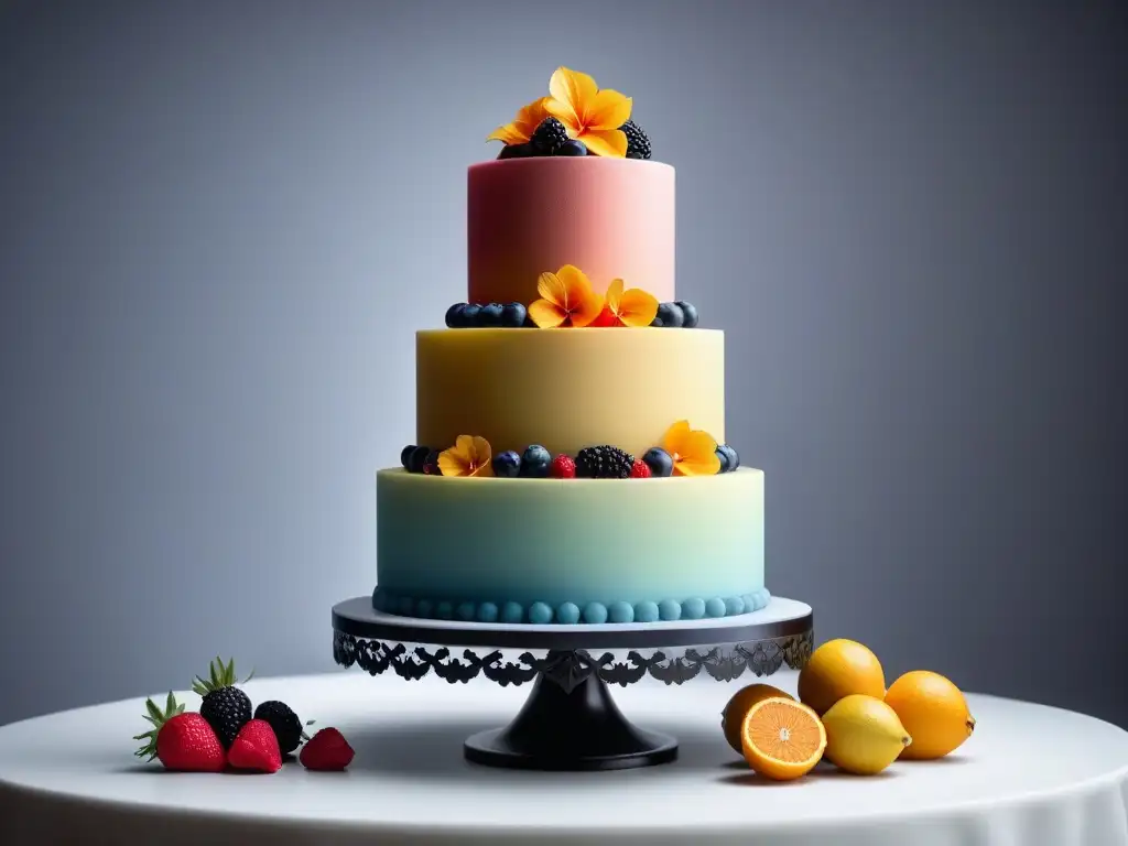 Una tarta vegana de sabores combinados exóticos y vibrantes decorada con frutas frescas y flores comestibles