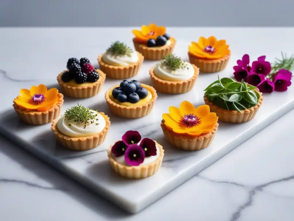 Tartas y quiches veganas deliciosas adornadas con hierbas frescas y flores comestibles, en una cocina minimalista y elegante bajo la luz del sol