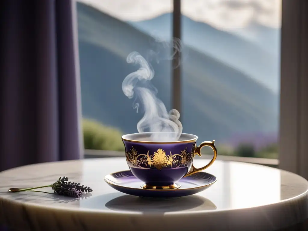 Una taza de porcelana con té Earl Grey y lavanda en una mesa de mármol