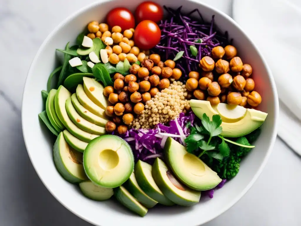 Un tazón Buddha colorido con ingredientes veganos frescos y vibrantes, ideal para almuerzos fáciles y deliciosos