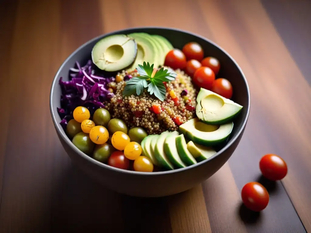 Ensalada de quinoa vibrante: frescura vegana Un tazón de ensalada de quinua colorida y detallada resalta los beneficios de la quinoa vegana