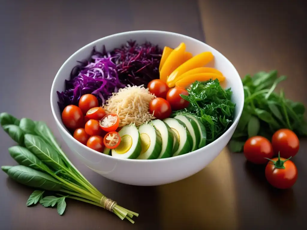 Un tazón de ensalada arcoíris vibrante con vegetales crudos frescos, perfecto para Cocina vegana cruda preguntas frecuentes