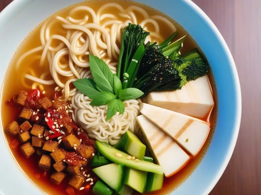 Un tazón humeante de ramen vegano gourmet con capas vibrantes de verduras, tofu y fideos, adornado con semillas de sésamo y aceite de chile