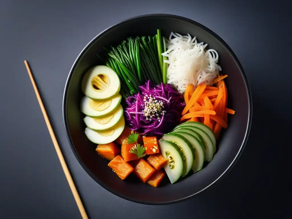 Un tazón de kimchi vegano saludable, repleto de verduras fermentadas vibrantes y condimentos, sobre fondo moderno