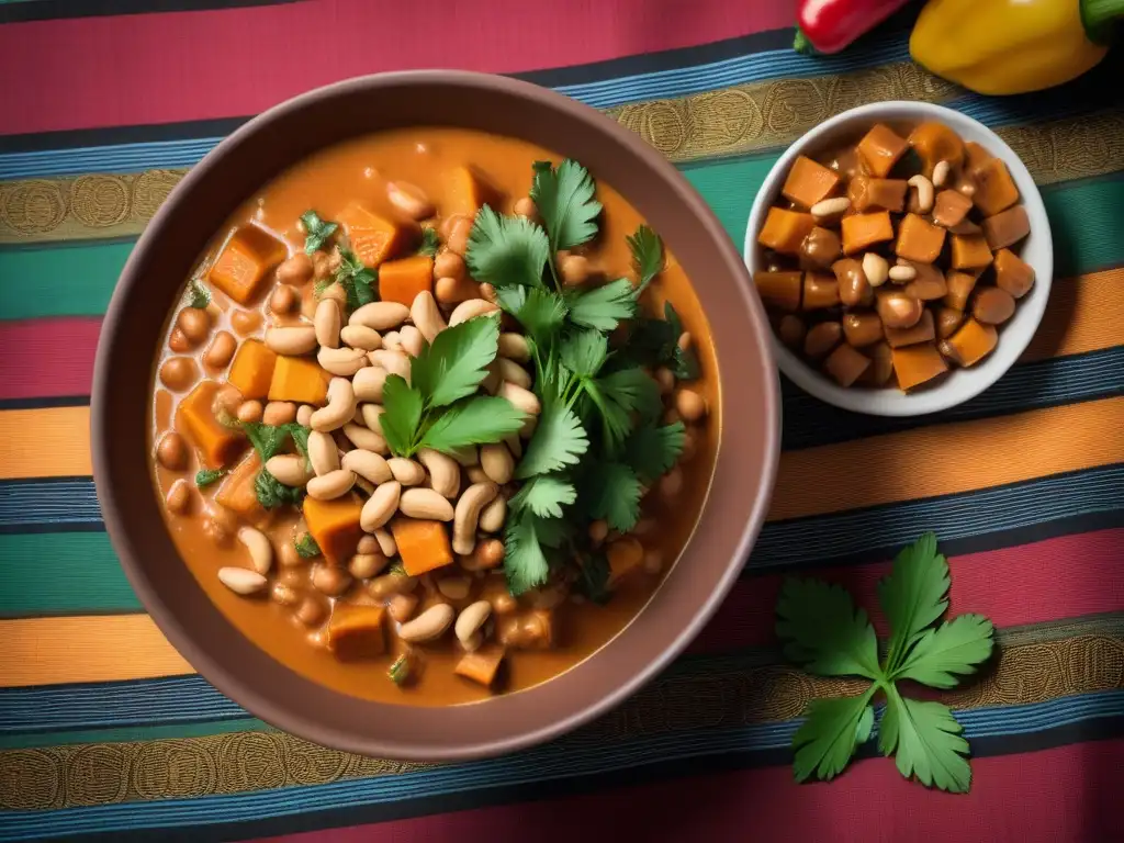 Un tazón de madera con guiso de cacahuate vegano, decorado con cilantro y cacahuates, sobre tela africana colorida