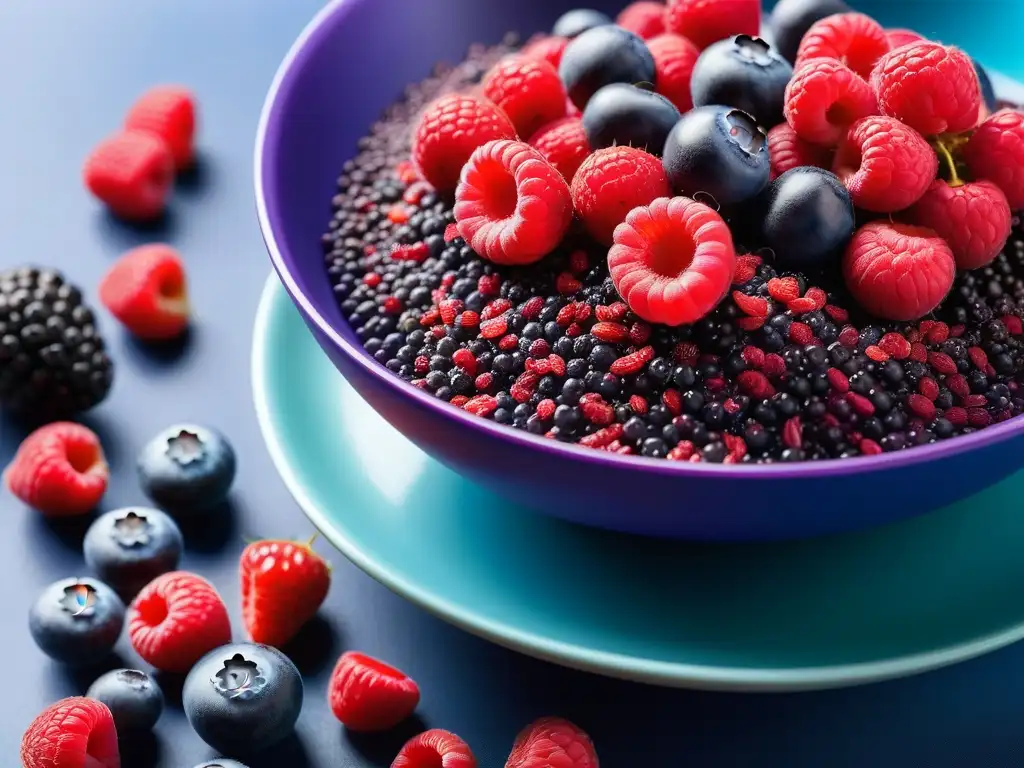 Un tazón moderno con superberries frescas y coloridas como acai, goji y arándanos, listas para disfrutar