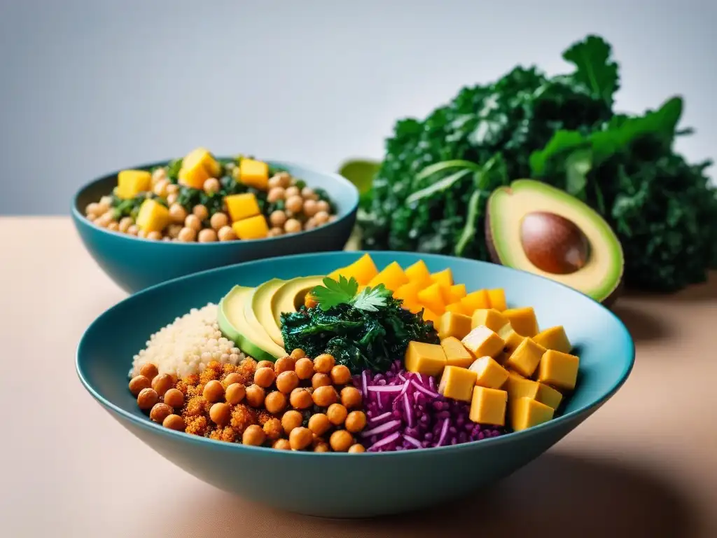Un tazón vegano colorido fusionando culturas con quinoa, aguacate, tofu, garbanzos, kale y mango en presentación artística
