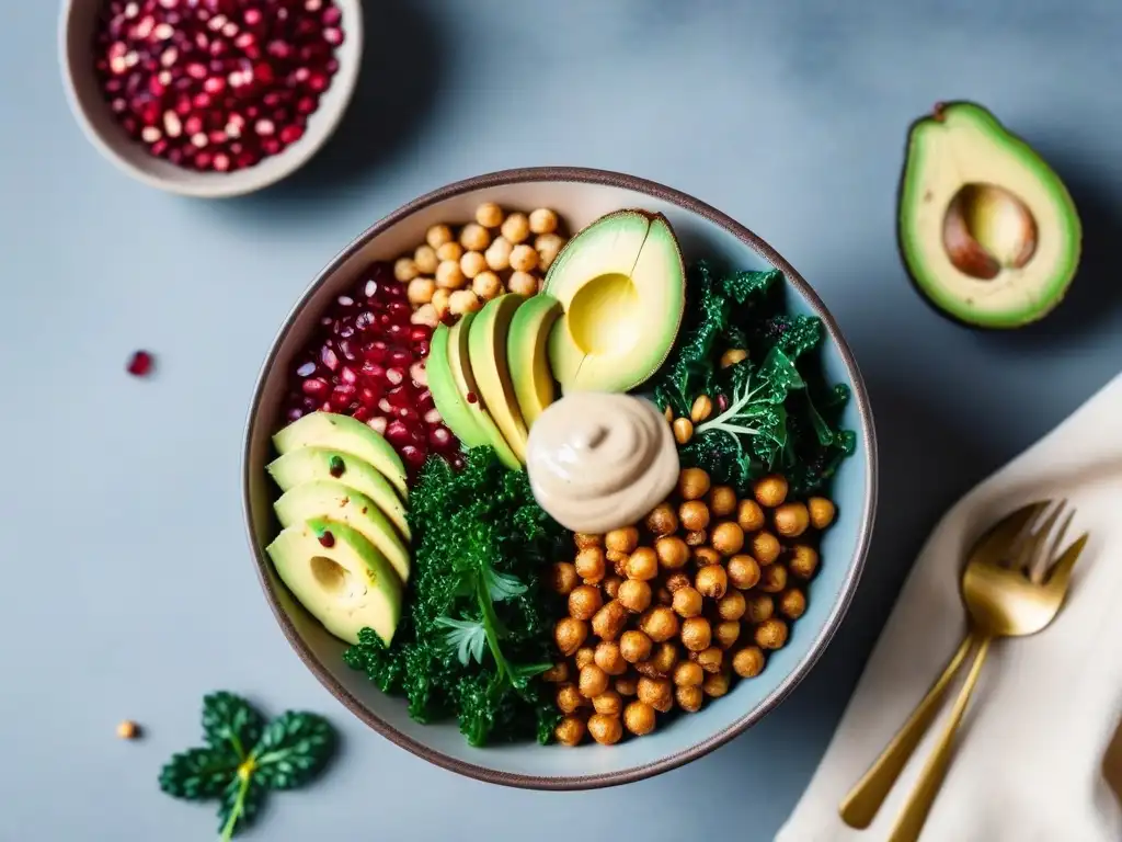 Un tazón vegano de superalimentos vibrantes revoluciona la gastronomía con quinoa, aguacate, granada, garbanzos y kale