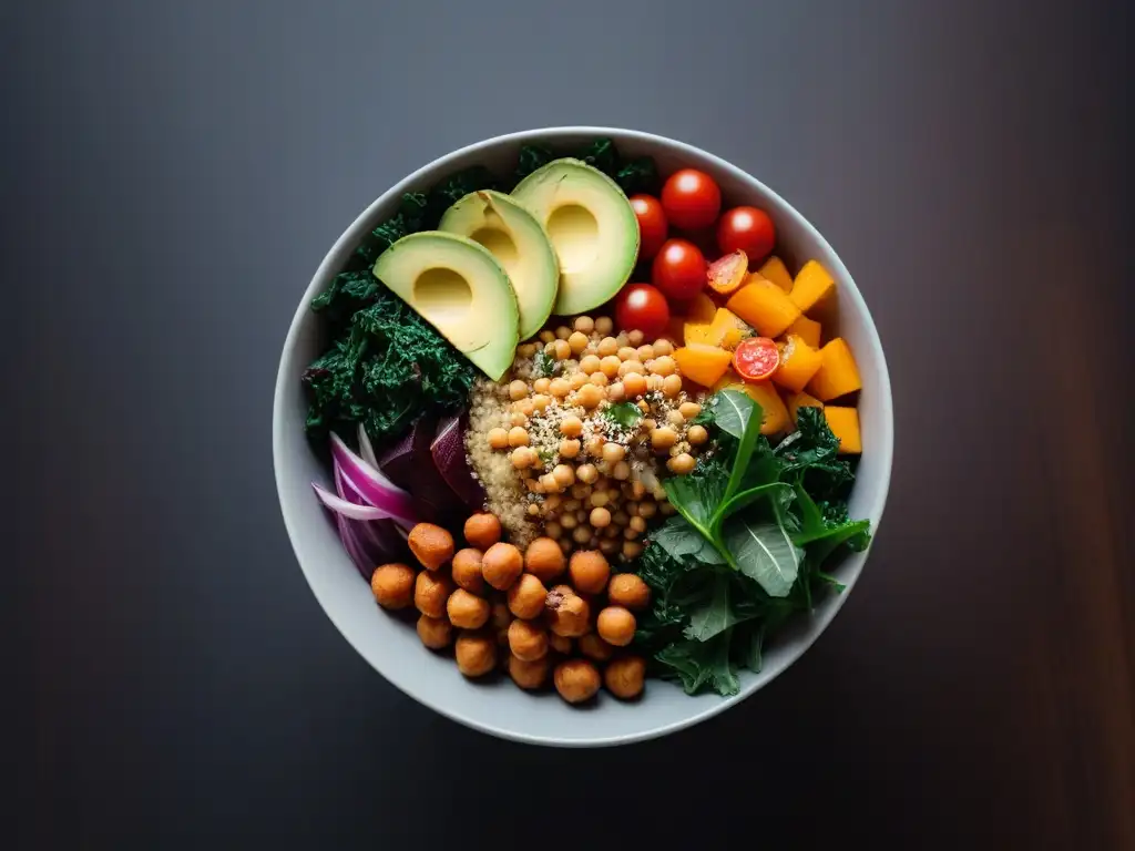 Un tazón vegano vibrante y colorido con ingredientes frescos como aguacate, batata y quinoa