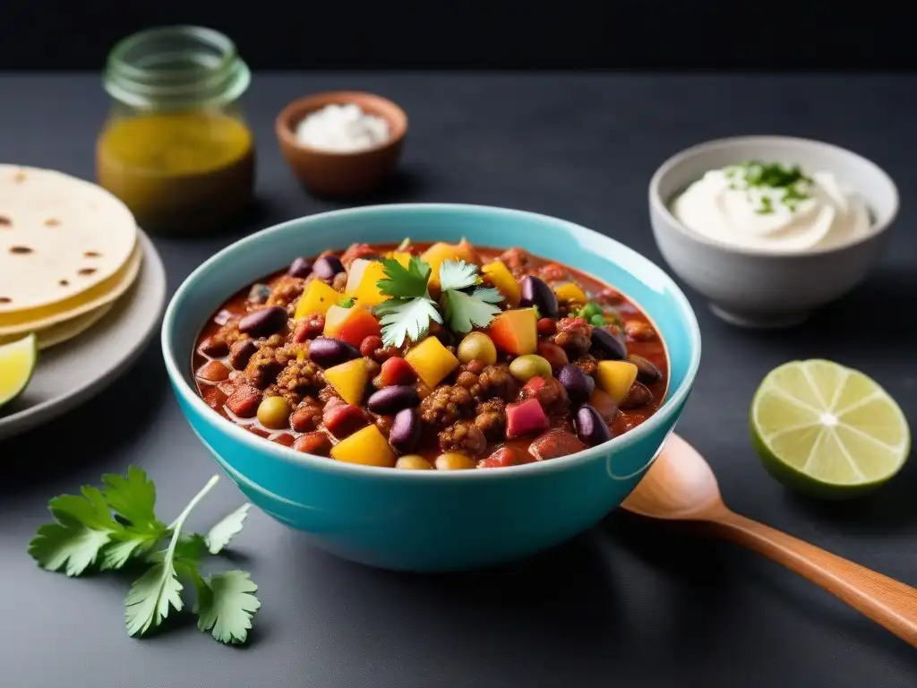 Un tazón vibrante de chili con carne vegano, con vegetales coloridos y carne vegana, sobre una encimera de mármol