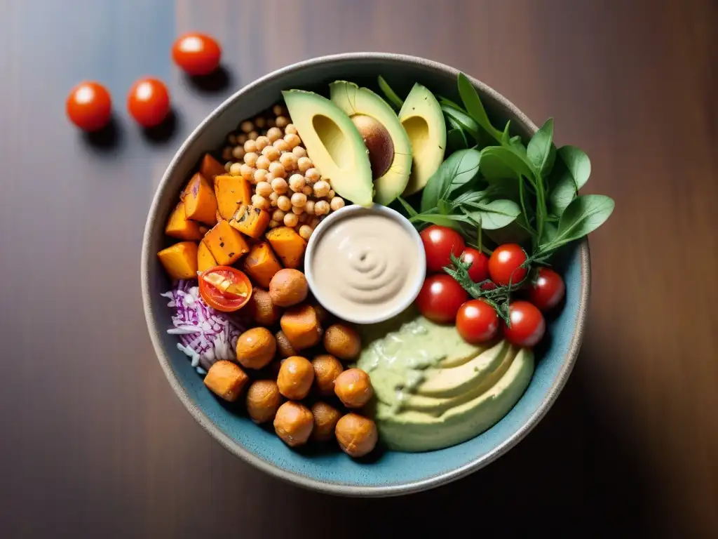 Un tazón vibrante de comida vegana innovadora con quinoa, batata, aguacate, tomates, garbanzos y aderezo de tahini en mesa de madera