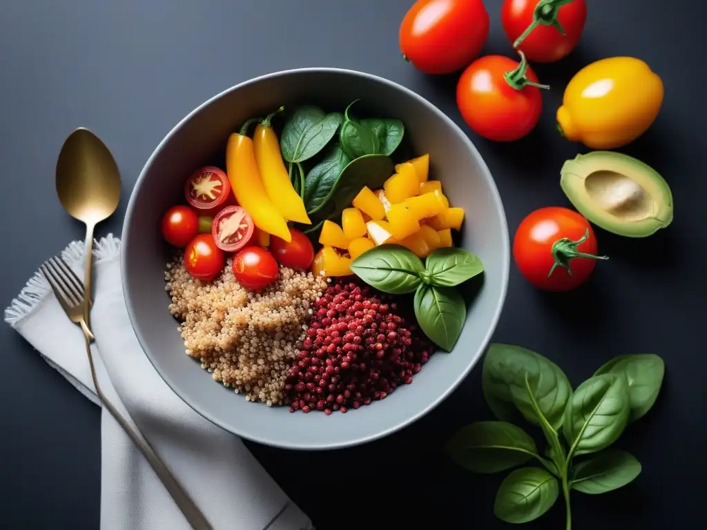 Ensalada de quinoa colorida con aguacate y tomate Un tazón vibrante de ensalada de quinoa colorida con ingredientes frescos y un toque de limón, resaltando los beneficios de la quinoa vegana