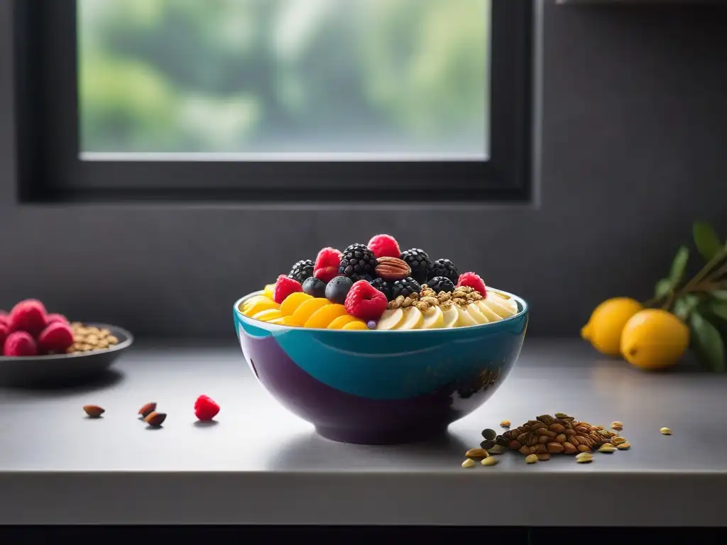 Un tazón de açaí vibrante con frutas frescas, frutos secos y semillas, en una cocina moderna con luz natural