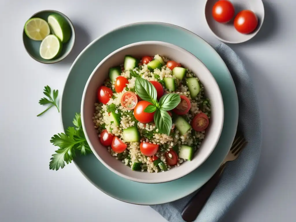 Un tazón vibrante con ingredientes frescos para la receta tabulé vegano saludable