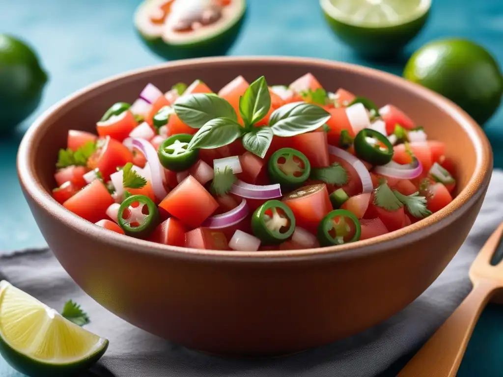 Un tazón vibrante de Pico de Gallo fresco, con tomates, cebollas, jalapeños, cilantro y limón, resaltando su frescura y textura