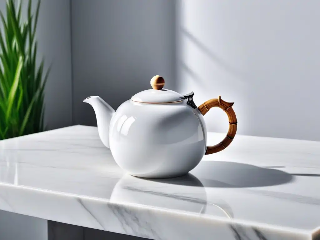 Teapot de porcelana blanca en encimera de mármol con iluminación natural