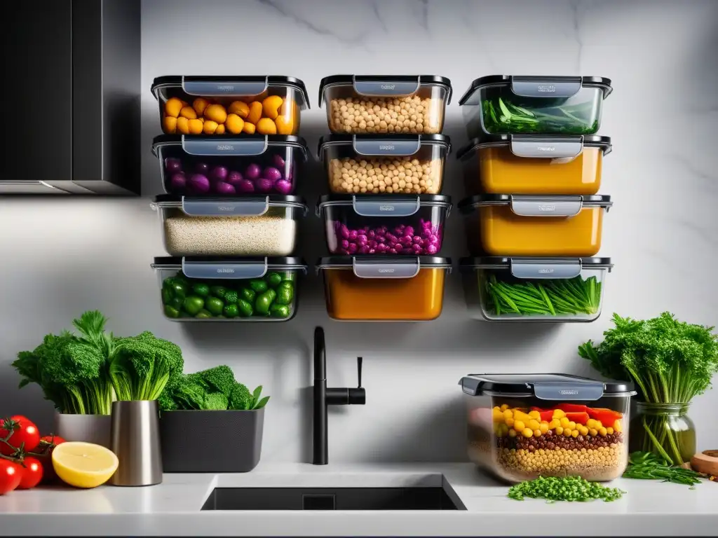 Técnicas de batch cooking vegano: Contenedores coloridos con platillos veganos vibrantes en una cocina moderna y organizada