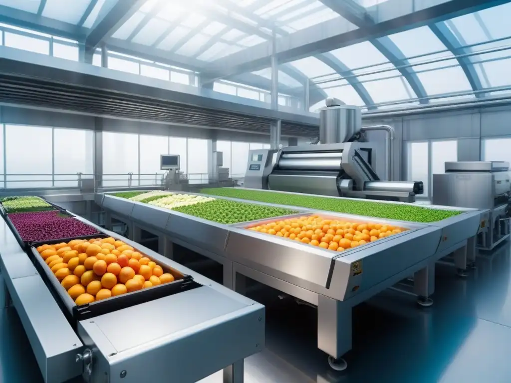 Instalación de tecnología alimentaria vegana sostenible con maquinaria plateada y frutas y verduras frescas en movimiento