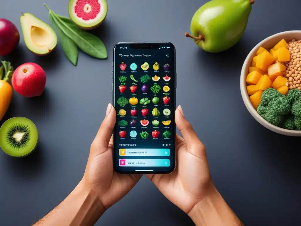 Teléfono moderno con apps para dieta vegana equilibrada en iconos coloridos de alimentos