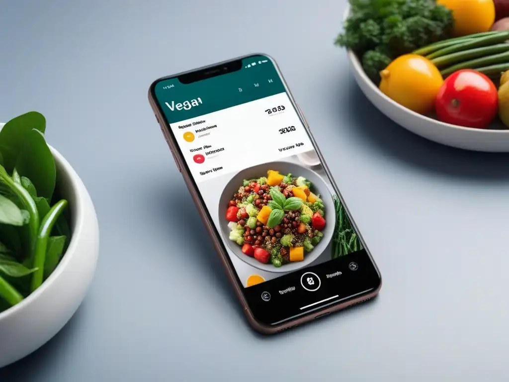 Teléfono móvil con app de planificación de menús veganos en cocina organizada y saludable