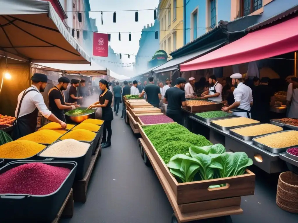 Explorando las tendencias cocina vegana 2022 en un bullicioso mercado callejero lleno de colores y sabores innovadores