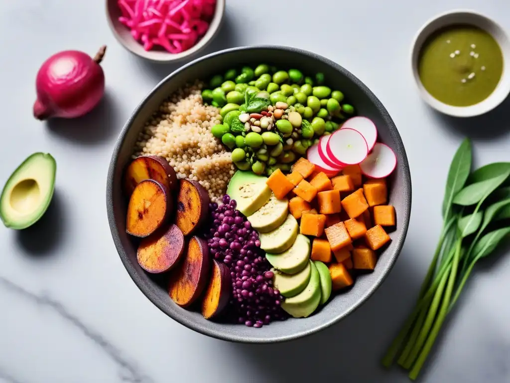 Un tentador bol vegano con ingredientes internacionales recetas veganas, colores vibrantes y presentación artística