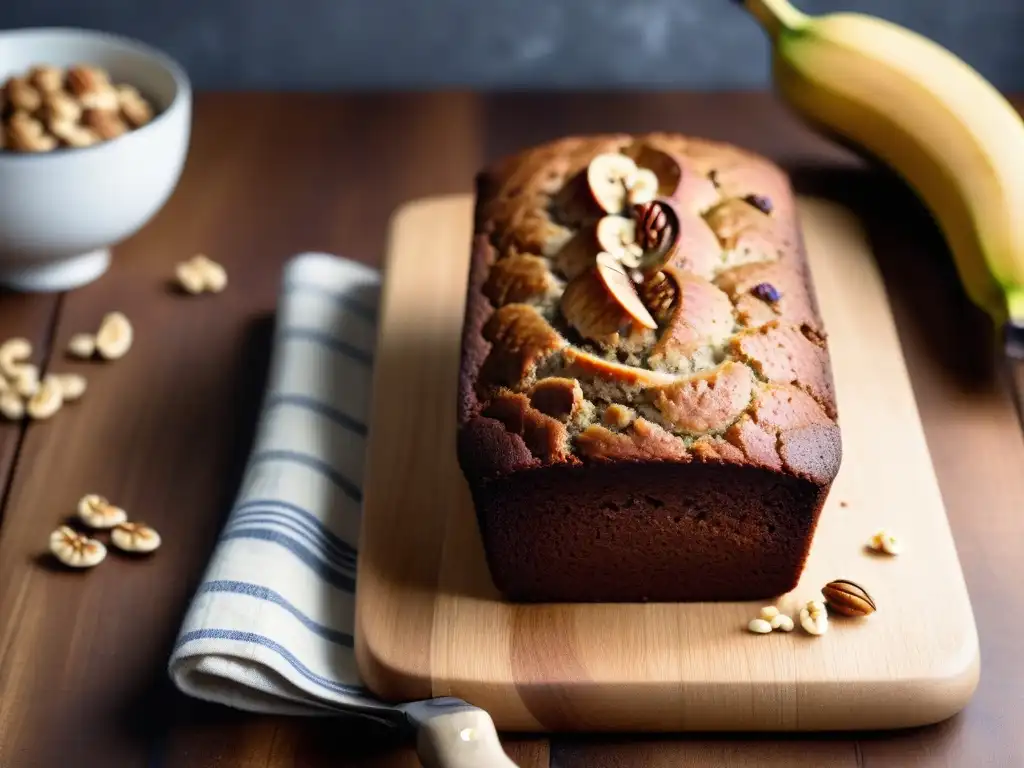 Un tentador budín vegano de plátano recién horneado sobre tabla rústica, rodeado de ingredientes, libro de recetas y utensilios de cocina