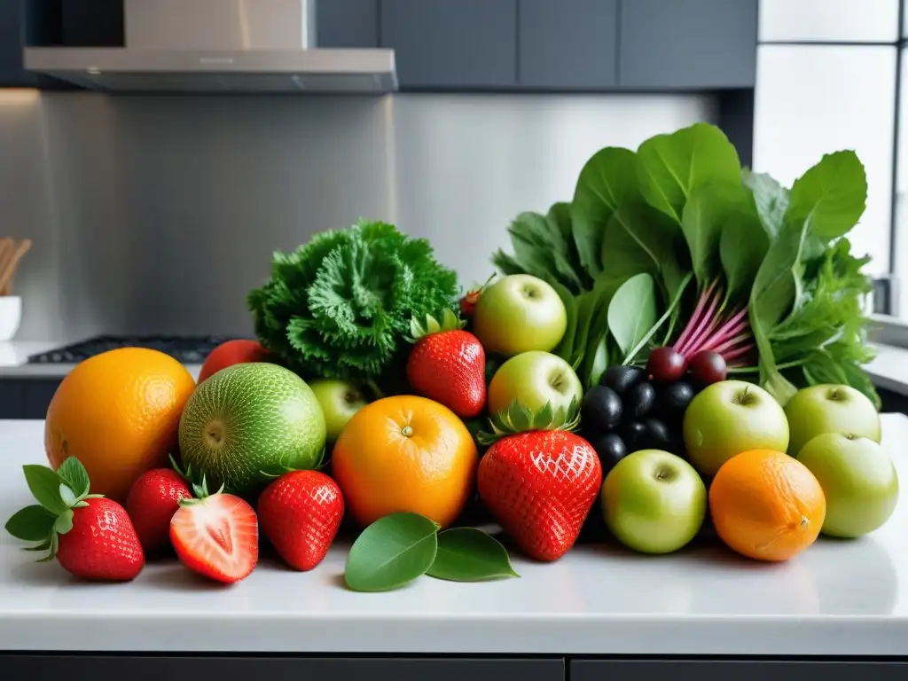 Una tentadora selección de frutas y verduras frescas en una cocina moderna