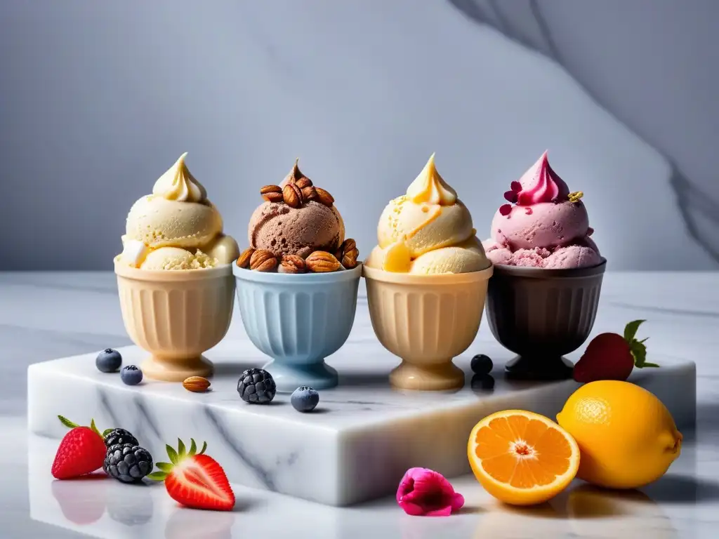 Una tentadora selección de helados veganos caseros, adornados con frutas frescas, nueces y flores comestibles sobre una elegante tabla de mármol