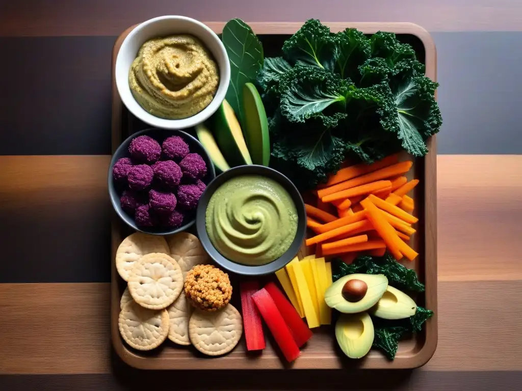 Una tentadora selección de snacks veganos para viajes, con hummus, chips de kale, energéticas bolitas y aguacate en crackers integrales