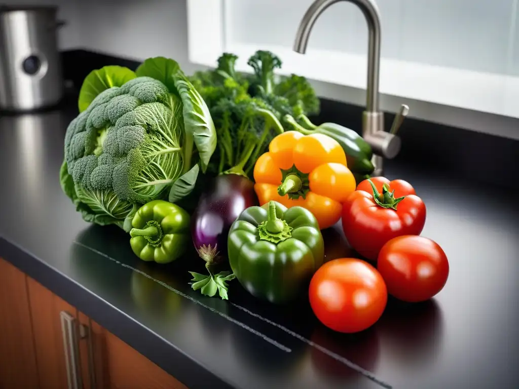 Una tentadora selección de verduras frescas en una cocina vegana sin aceite