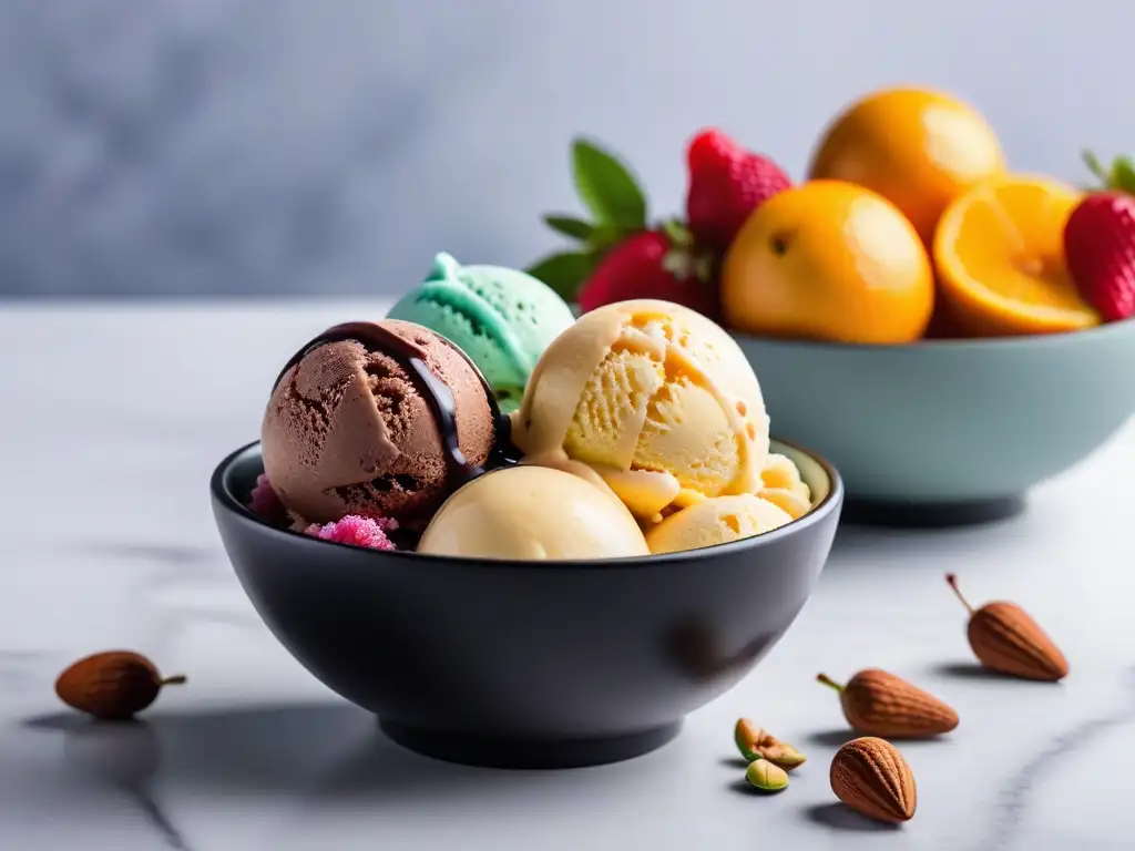 Una tentadora variedad de helados veganos sin lácteos en bowl minimalista con frutas, nueces y chocolate