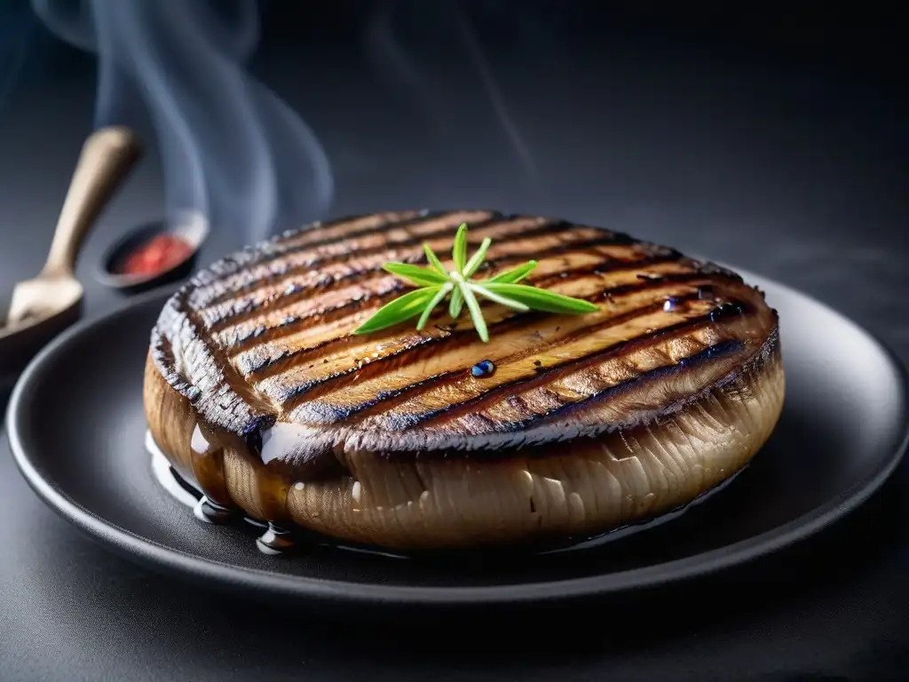 Textura perfecta proteínas vegetales: Detalle de un suculento filete de portobello a la parrilla