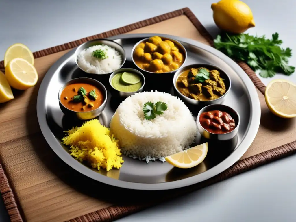 Un thali de acero inoxidable con platillos veganos indios coloridos y aromáticos, en una cocina elegante