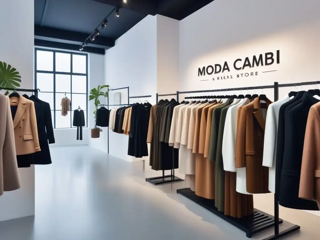 Una tienda de moda vegana y cambio climático con ropa elegante y sostenible en tonos terrosos, iluminada y acogedora