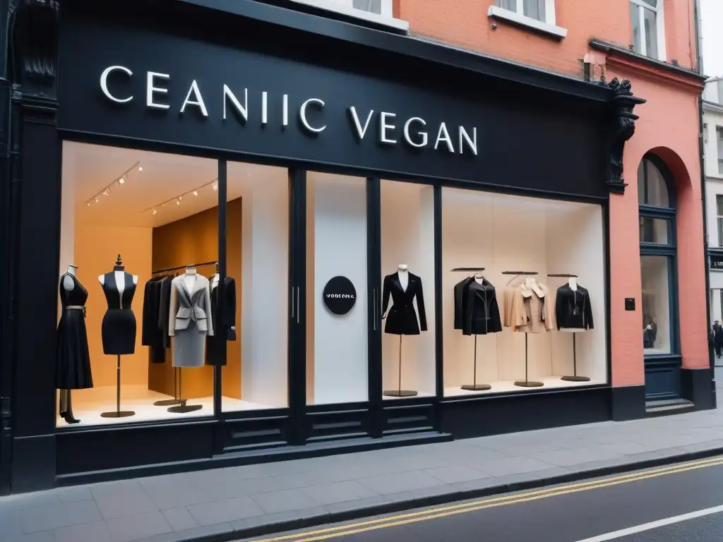 Tienda de moda vegana ética con maniquíes elegantes luciendo diseños crueltyfree